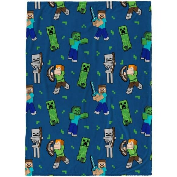 Minecraft fleece throw blanket 46x60 kids bedding gamer creeper skeleton steve a - Picture 1 of 8